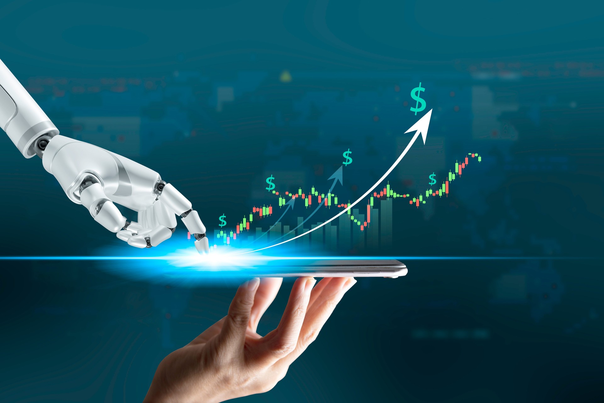 Robot trading concept. Robot hand represents use of artificial intelligence in trading stocks. wealth stock investing. Digital transformation technology. Ai(artificial intelligence)make decisions.